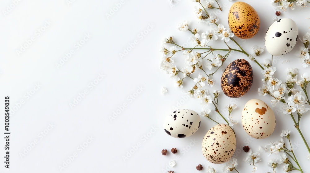 Easter quail eggs and springtime flowers over white background. Spring holidays concept with copy space. Top view Easter quail eggs and springtime flowers over white background. Spring holidays concept with copy space. Top view
