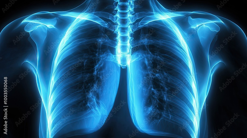 Radiant X-ray image of a chest cavity, highlighting the ribcage and lungs in fine detail, essential for medical diagnostic work. Radiant X-ray image of a chest cavity, highlighting the ribcage and lungs in fine detail, essential for medical diagnostic work.