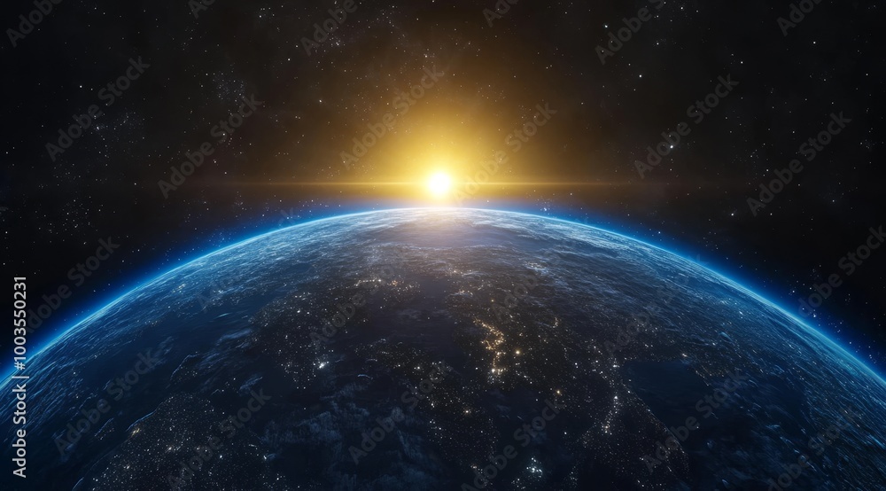 A stunning view of the Earth from space, with the sun rising over the horizon and illuminating the planet. A stunning view of the Earth from space, with the sun rising over the horizon and illuminating the planet.