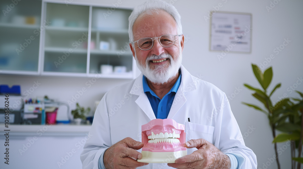 Happy mature man holding dental model in clinic Happy mature man holding dental model in clinic