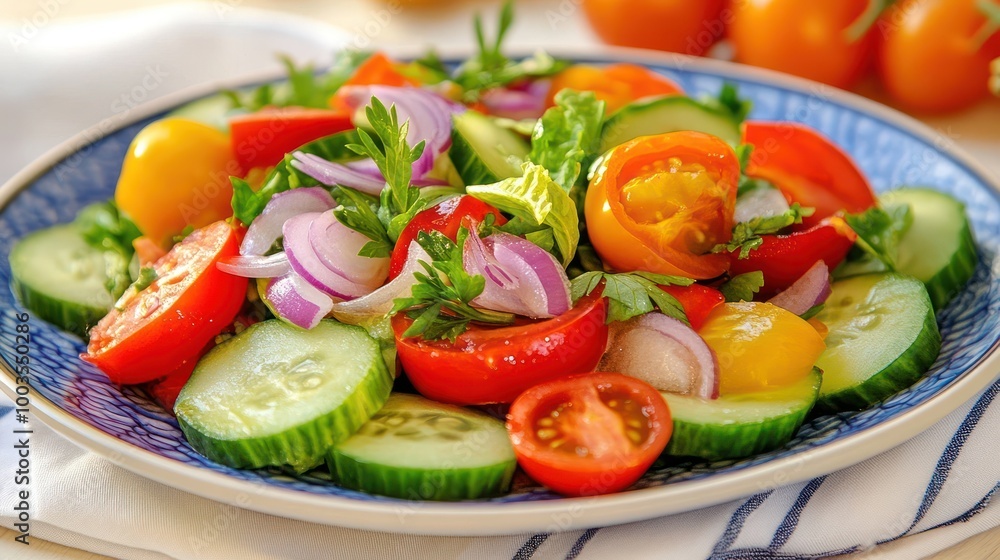 A fresh salad with tomatoes, cucumbers, red onion, and parsley on a blue and white plate. A fresh salad with tomatoes, cucumbers, red onion, and parsley on a blue and white plate.