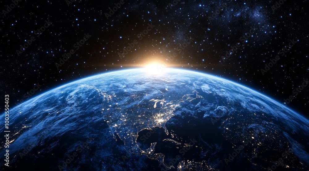 Fototapeta premium A stunning view of Earth from space with a sunrise over North America, showing the continent's vast network of city lights against the backdrop of a starry sky.