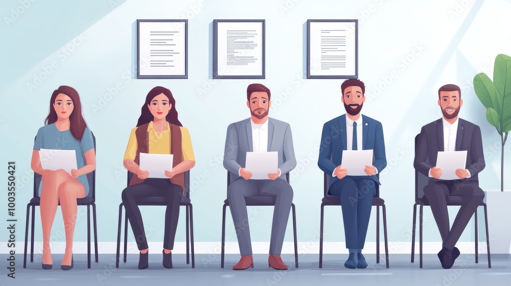 five candidates for new job sit on chairs in row with their documents, job interview five candidates for new job sit on chairs in row with their documents, job interview