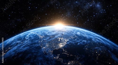 Fototapeta Naklejka Na Ścianę i Meble -  A stunning view of Earth from space with a sunrise over North America, showing the continent's vast network of city lights against the backdrop of a starry sky.