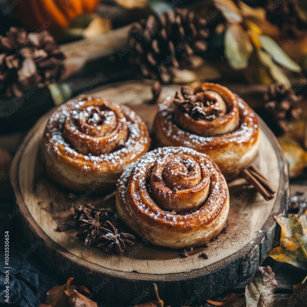 Fototapeta premium Cinnamon Rolls with Pinecones and Fall Leaves on Rustic Wooden Surface