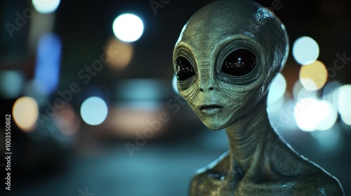 Generative AI illustration of extraterrestrial alien with dark wide eyes looking away against blurred background at night photo