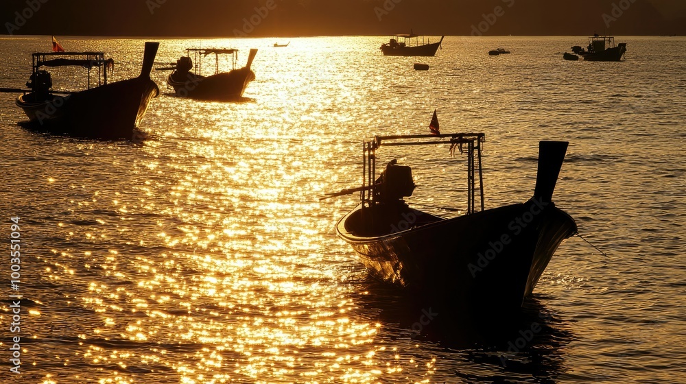 Φωτογραφία Silhouettes of fishing long-tail boats in the sea at dawn, with the golden reflection of sunlight glistening on the water at Rawai Beach, Phuket