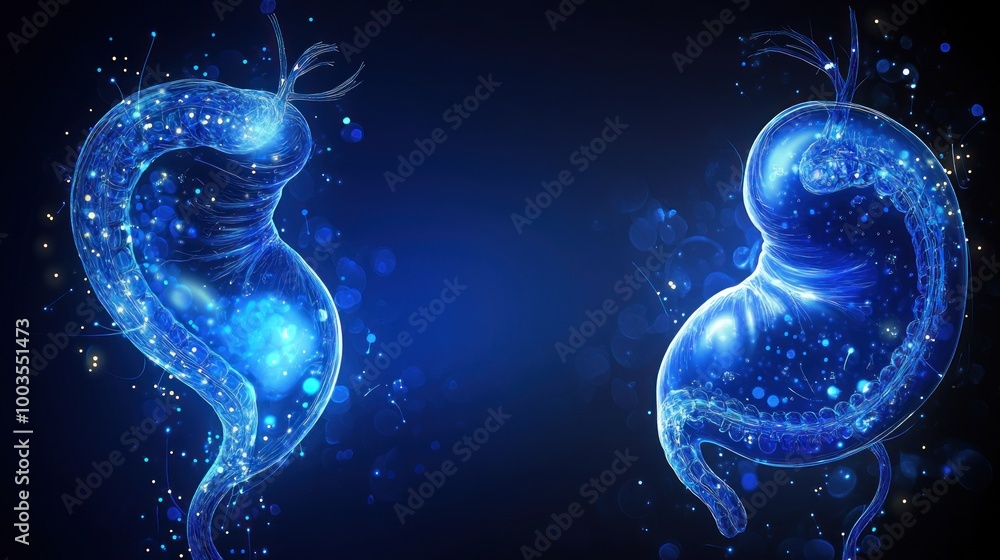 Two glowing, abstract stomachs with a cosmic background, symbolizing digestion or health. Two glowing, abstract stomachs with a cosmic background, symbolizing digestion or health.