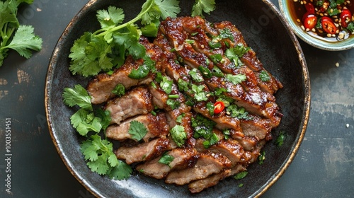 Spicy chili and fish sauce drizzled over crispy pork slices, arranged on a plate with fresh herbs, creating an irresistible Thai flavor.