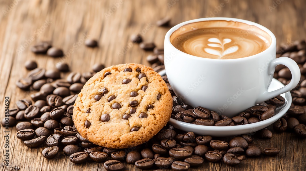 A delicious coffee cup and chocolate chip cookie with coffee beans on wood. A delicious coffee cup and chocolate chip cookie with coffee beans on wood.