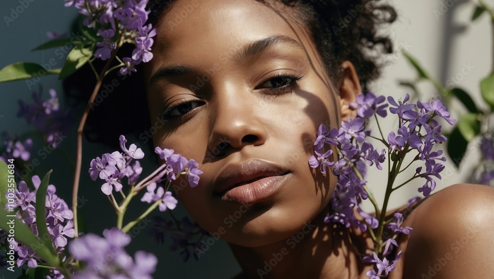 Woman with short hair and playful smirk, surrounded by purple flowers, sunny backdrop Woman with short hair and playful smirk, surrounded by purple flowers, sunny backdrop