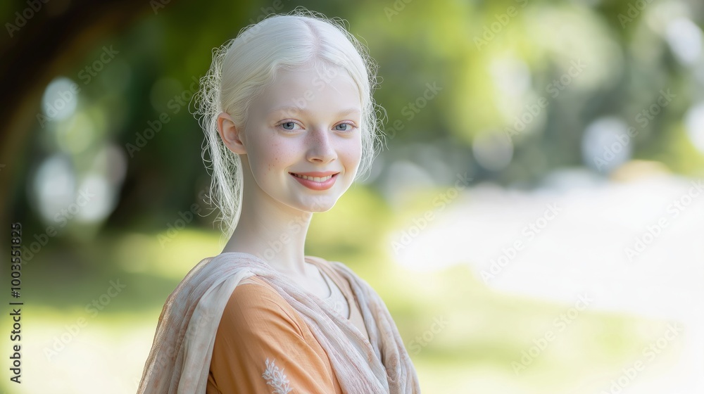 Portrait of a Smiling Albino Teenager in Traditional Bangladeshi Attire, Outdoor Nature Background Portrait of a Smiling Albino Teenager in Traditional Bangladeshi Attire, Outdoor Nature Background