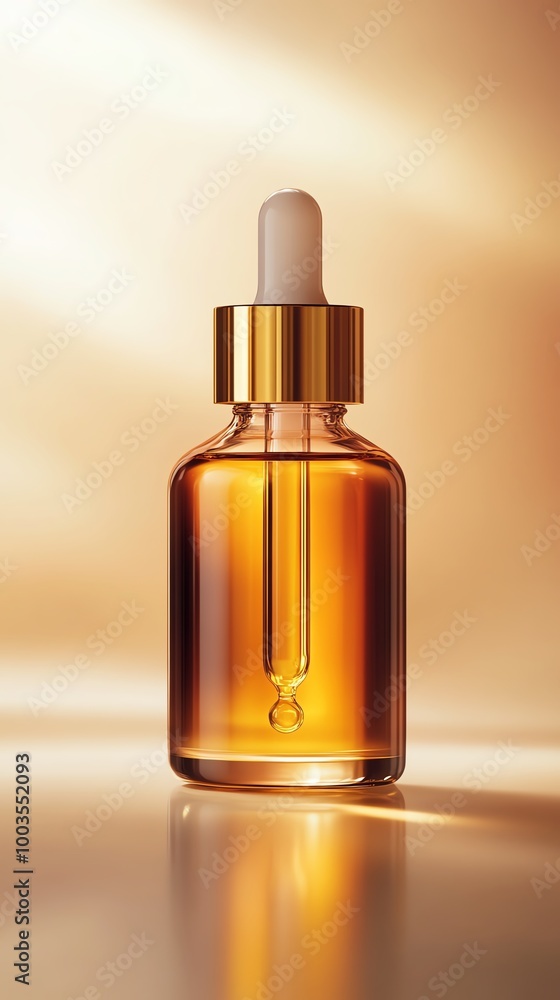Essential oil bottle with dropper, golden hue on a soft background. Essential oil bottle with dropper, golden hue on a soft background.