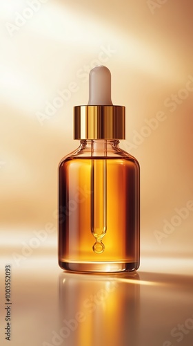 Essential oil bottle with dropper, golden hue on a soft background.