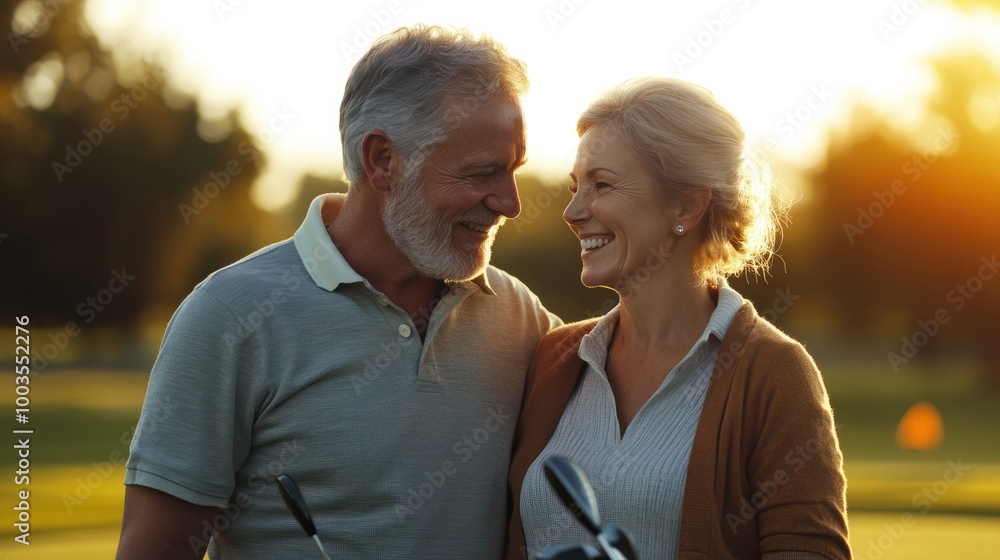 Happy senior couple on a golf course, dressed in casual sportswear, sharing a joyful moment while holding golf clubs. Happy senior couple on a golf course, dressed in casual sportswear, sharing a joyful moment while holding golf clubs.