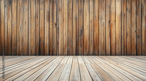 Interior view of wooden wall and floor, rustic style, warm tones, spacious ambiance.