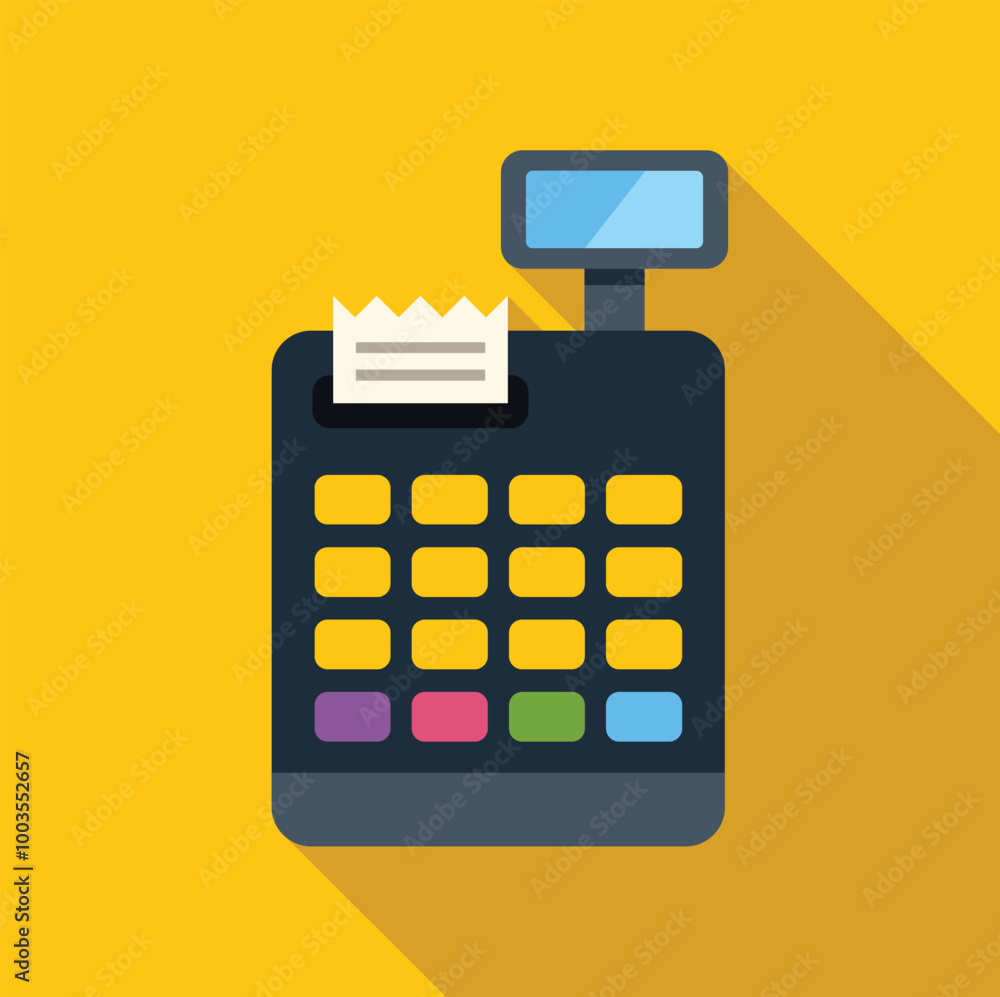 Electronic cash register with buttons and display printing a receipt on yellow background Electronic cash register with buttons and display printing a receipt on yellow background