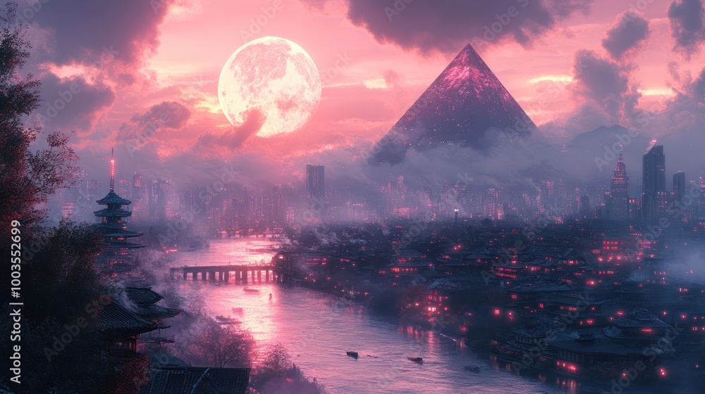 Futuristic Cityscape with a Pink Moon Futuristic Cityscape with a Pink Moon