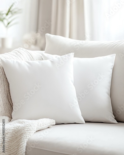 Two white throw pillows on a cozy sofa in a bright living room setting.