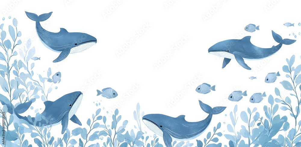 Fototapeta premium Watercolor Whales and Fish in a Blue Ocean Scene.
