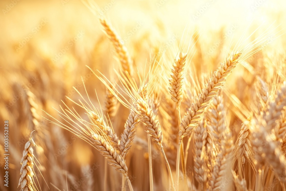 Closeup of golden wheat stalks in a field bathed in warm sunlight. Closeup of golden wheat stalks in a field bathed in warm sunlight.
