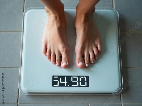 Weight Scale Feet Measurement: Close-up of Person Standing on Digital Bathroom Scale for Health Monitoring
