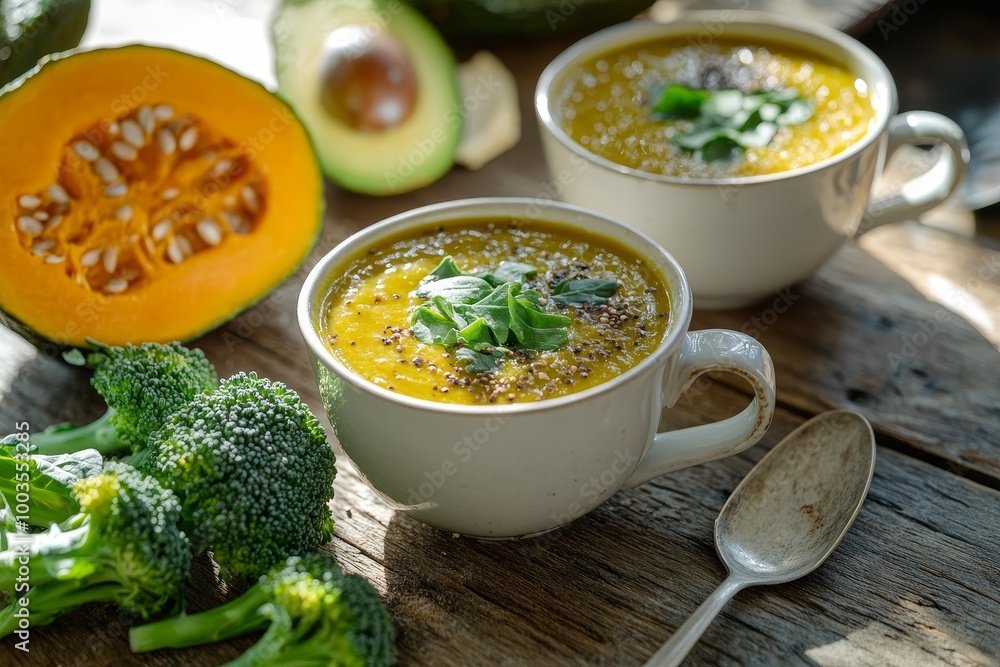 Two bowls of creamy soup garnished with green leaves and seeds on a wooden table with broccoli and avocado slices. Two bowls of creamy soup garnished with green leaves and seeds on a wooden table with broccoli and avocado slices.