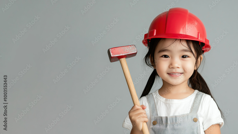 Indonesian little girl wearing helmet hard hat and overalls holding hammer Indonesian little girl wearing helmet hard hat and overalls holding hammer