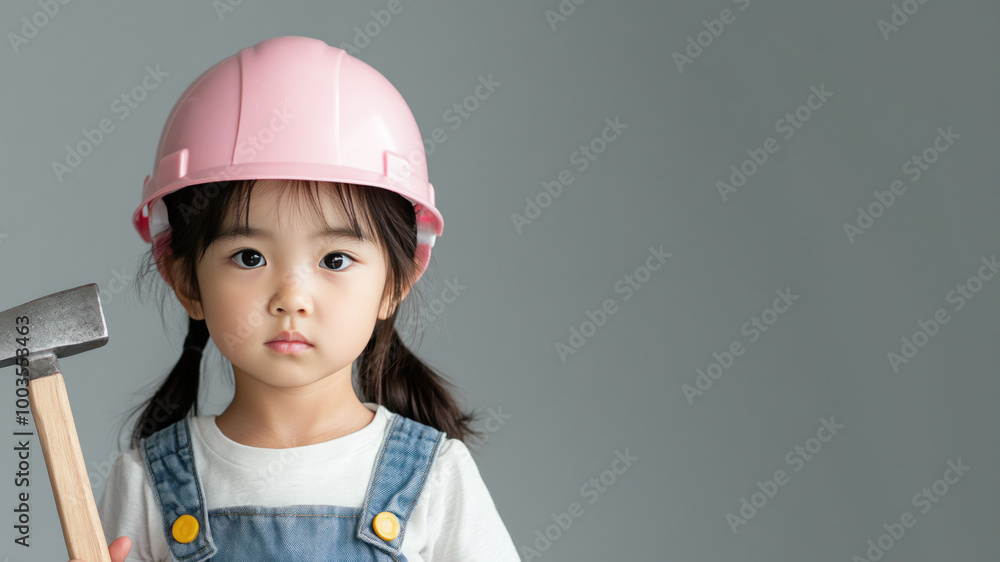 Japanese little girl wearing helmet hard hat and overalls holding hammer Japanese little girl wearing helmet hard hat and overalls holding hammer