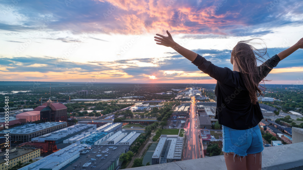 Woman with arms outstretched standing on building edge overlooking cityscape. Woman with arms outstretched standing on building edge overlooking cityscape.