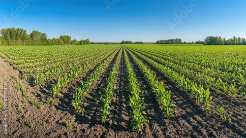 Wide-angle panoramic shot of a corn field plantation in the early stages of growth, with rows of healthy green plants under clear skies.