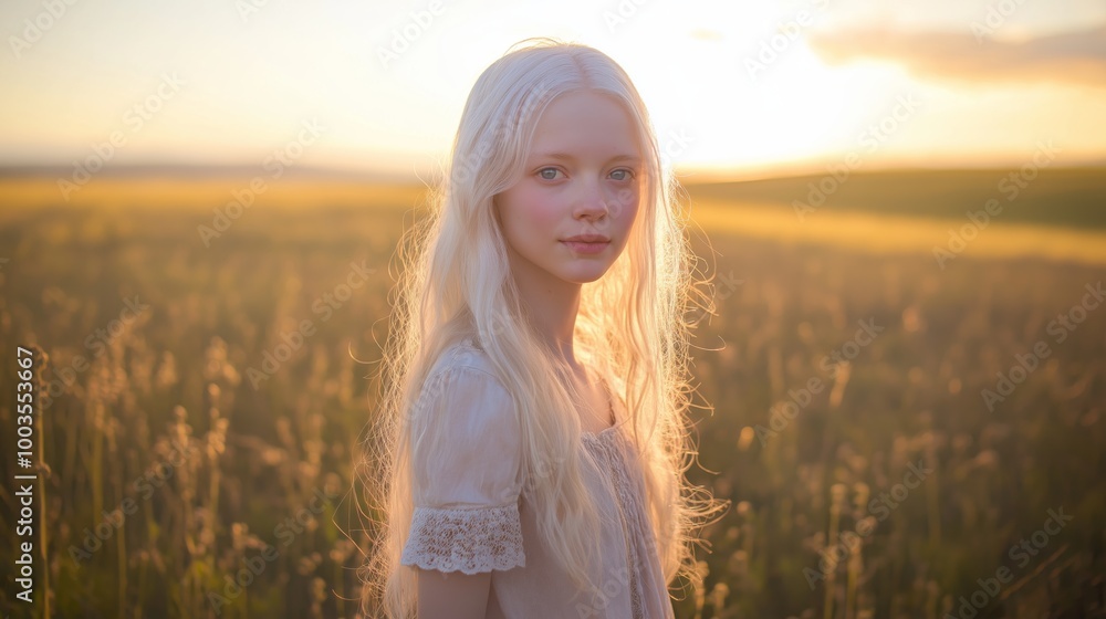 Young Albino Woman in Serene Field at Sunset for Nature and Diversity Representation Young Albino Woman in Serene Field at Sunset for Nature and Diversity Representation