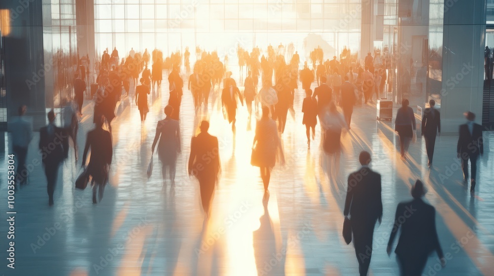 Long exposure shot of crowd of business people walking in bright office lobby fast moving with blurry, Generative AI Long exposure shot of crowd of business people walking in bright office lobby fast moving with blurry, Generative AI