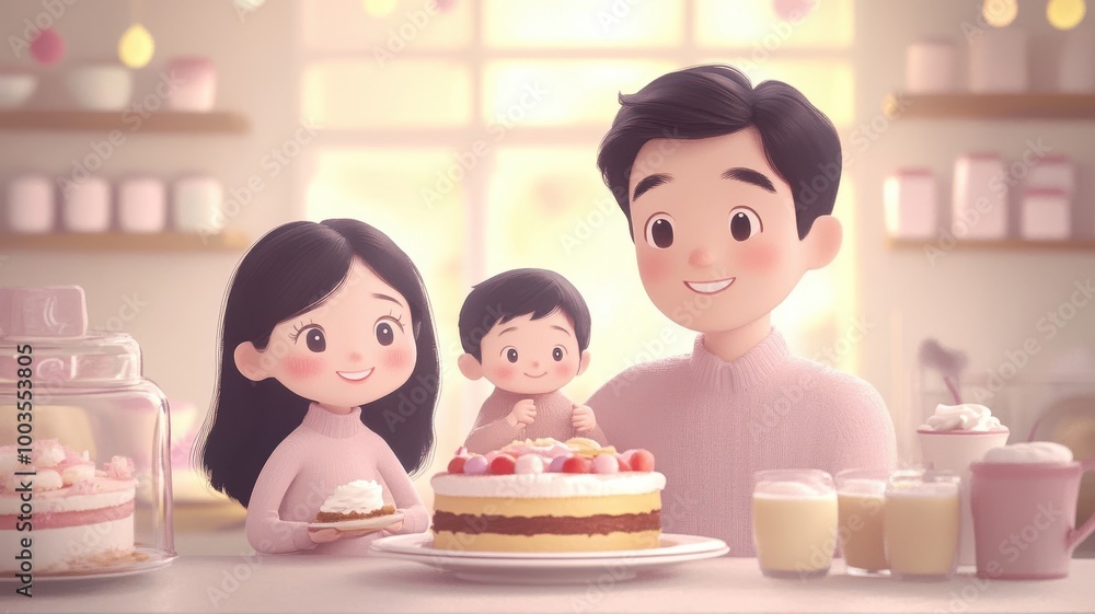 A happy family celebrating with a cake in a cozy kitchen atmosphere. A happy family celebrating with a cake in a cozy kitchen atmosphere.