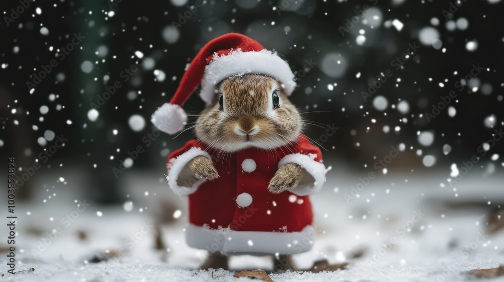 Little tiny bunny dressed up as Santa Claus on snowing Little tiny bunny dressed up as Santa Claus on snowing