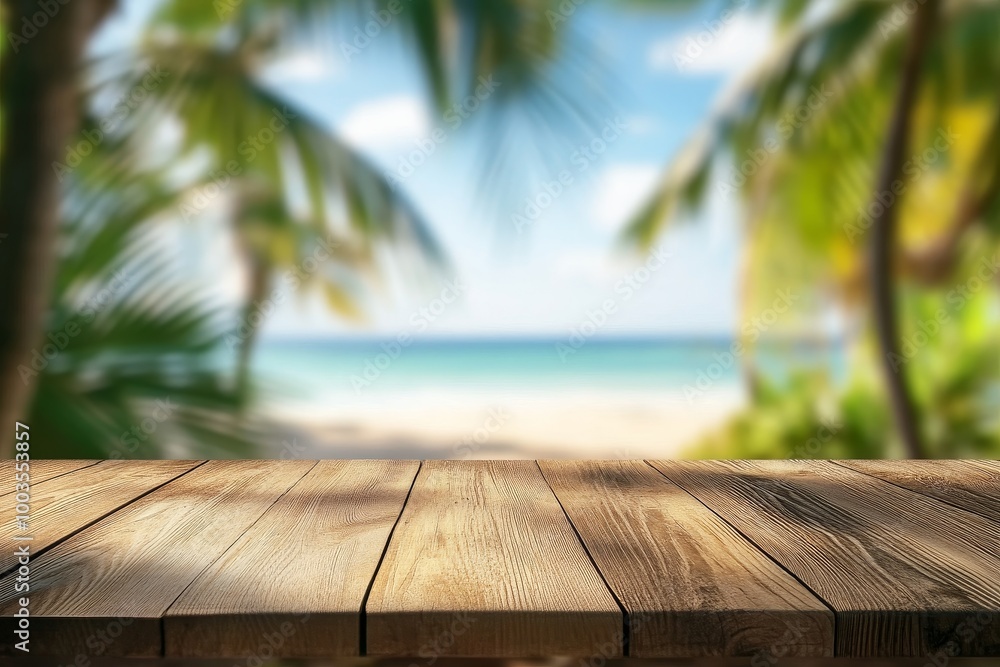 Wooden table top with a blurred background of a beach with palm trees. Wooden table top with a blurred background of a beach with palm trees.