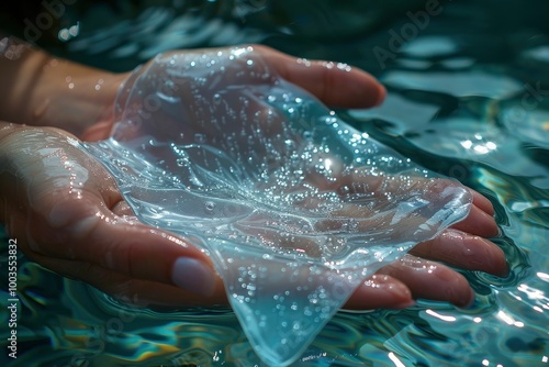 Wallpaper Mural transparent mask of artificial skin emission on woman's hand. Biotechnology and innovation in healing and  regeneration. synthetic layers Torontodigital.ca