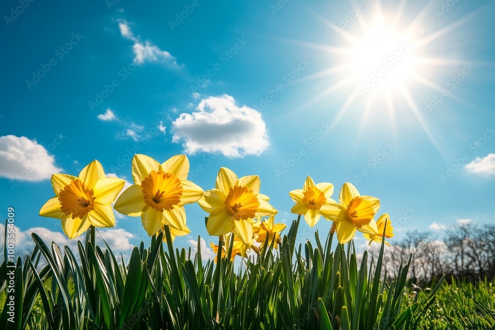 Fototapeta premium A cluster of yellow daffodils bloom in a field of green grass against a bright blue sky with a sun shining through white clouds.