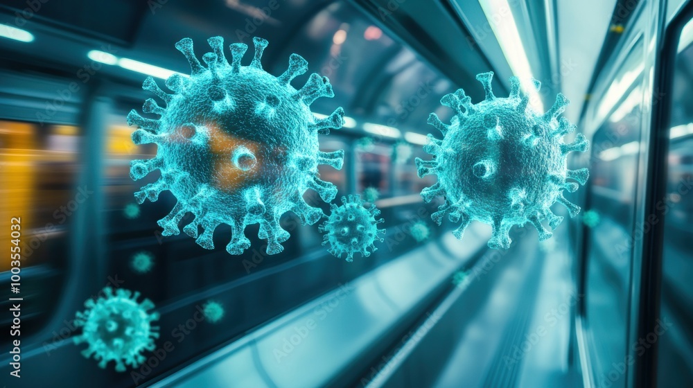 Visual representation of viruses in a subway environment, illustrating health concerns. Visual representation of viruses in a subway environment, illustrating health concerns.