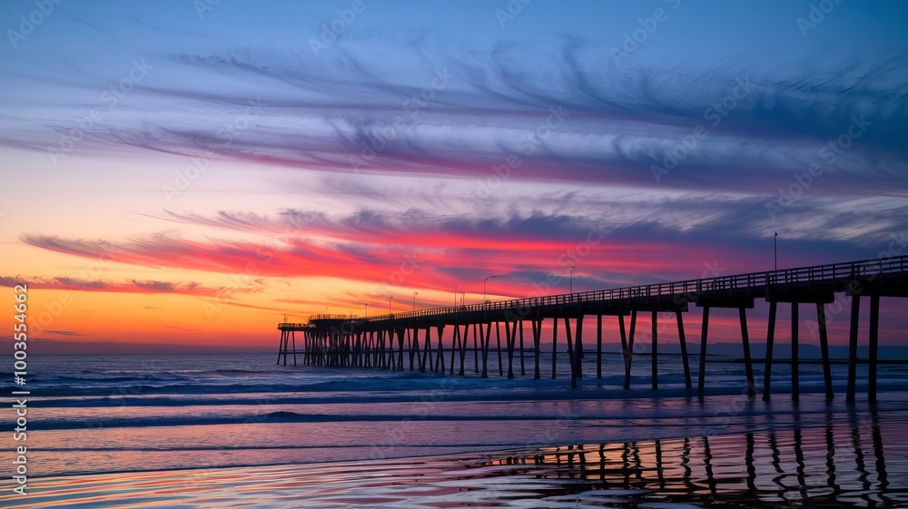 Fototapeta premium Wooden jetty stretching into the calm ocean, painted orange by the setting sun