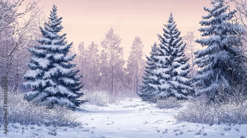 Pine trees covered with snow on frosty evening. Beautiful winter panorama Pine trees covered with snow on frosty evening. Beautiful winter panorama