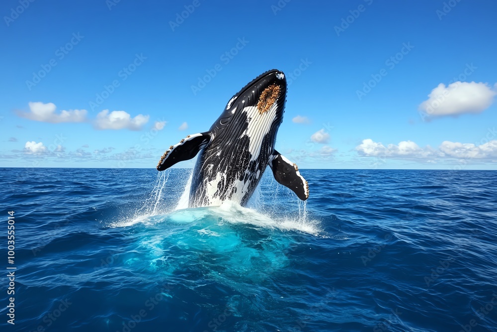 Obraz premium A whale breaching the ocean surface, its massive body emerging from the water, with the open sea stretching to the horizon