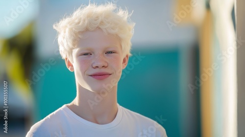 Confident Teenage Albino Pacific Islander Boy Smiling Outdoors in Bright Sunlight