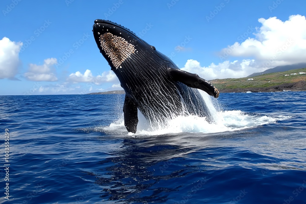 Fototapeta premium A whale breaching the ocean surface, its massive body emerging from the water, with the open sea stretching to the horizon