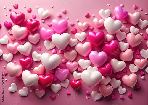 Soft pink background adorned with scattered pink and white hearts, creating a romantic ambiance perfect for Valentine's