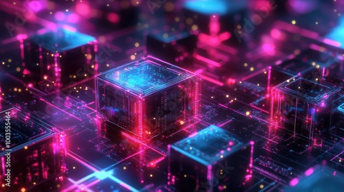 Fototapeta Naklejka Na Ścianę i Meble -  realistic 3d ai deep learning model concept colorful glowing gpu chips cluster network neon server connection computing cubes banner with blank space