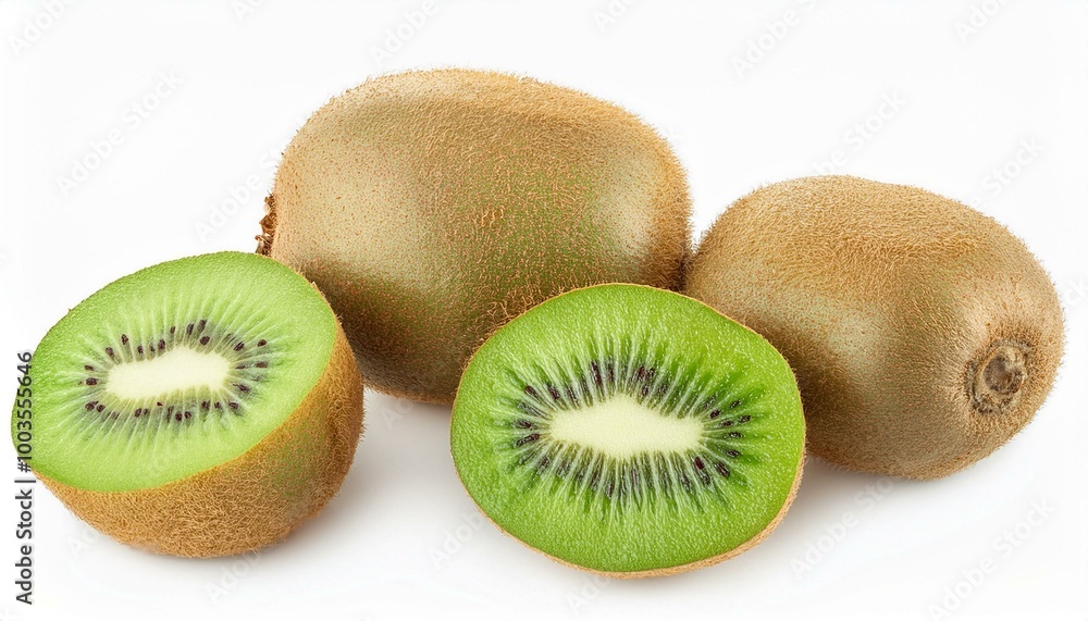 Fototapeta premium Kiwi and slices of ripe juicy kiwi isolated on white background. View from above.