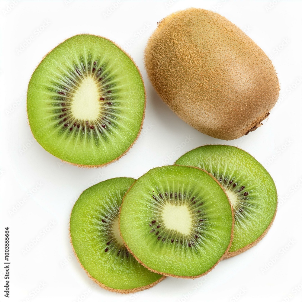 Fototapeta premium Kiwi and slices of ripe juicy kiwi isolated on white background. View from top