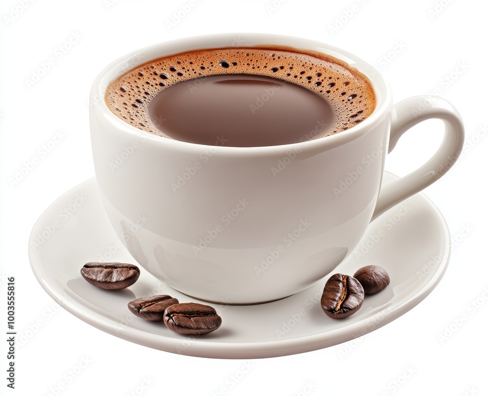 Fototapeta premium A white cup and saucer filled with coffee, with coffee beans scattered around the saucer.
