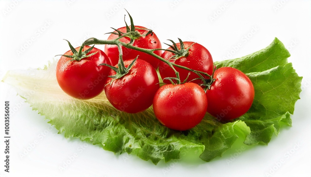 Ripe red cherry tomatoes bunch on green lettuce leaf isolated on white background. Fresh vegetables ingredients.